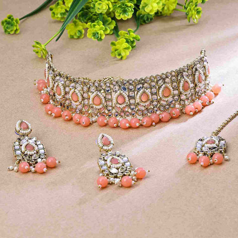 Gold Plated Color Stone & Kundan Peach Choker Floral Necklace 