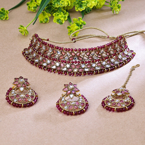 Gold Plated Color Stone & Kundan Pink Choker Floral Necklace Set