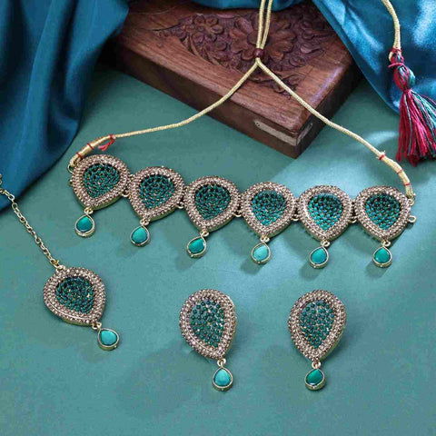 Gold Plated Colour Stone & Austrian Stone Aqua Green Choker Oval Shape Necklace Set