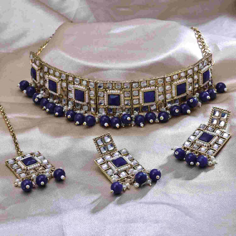 Gold Plated Colour Stone & Kundan Blue Choker Square Shape Necklace