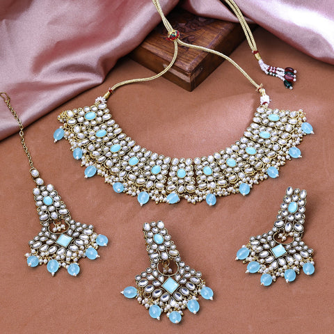 Gold Plated Colour Stone & Polki Sky Blue Choker Floral Necklace Set