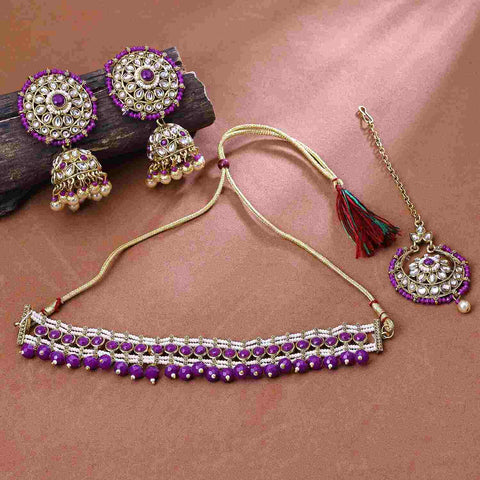 Gold Plated Kundan & Pearl Purple Choker Floral Necklace Set