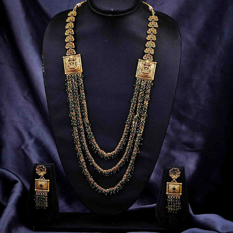 Green Gold Plated Kundan & Pearl Long Temple Necklace Set