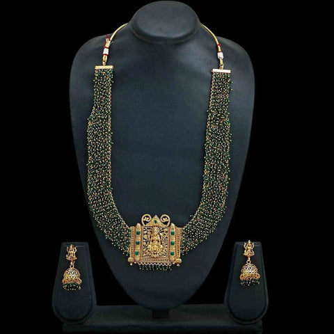 Green Gold Plated Kundan & Pearl Long Temple Necklace Set
