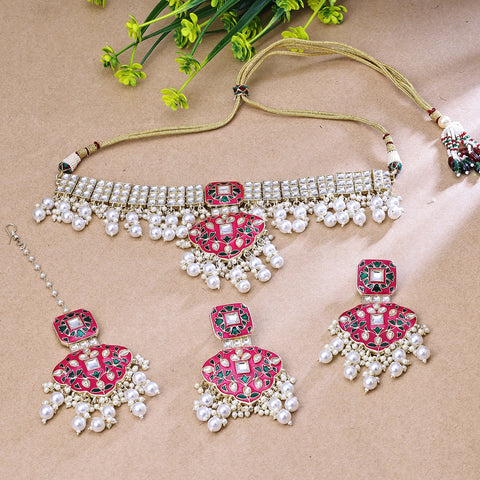 High-Test Pink And White Austrian Stone Gold Plated Traditional Necklace Set