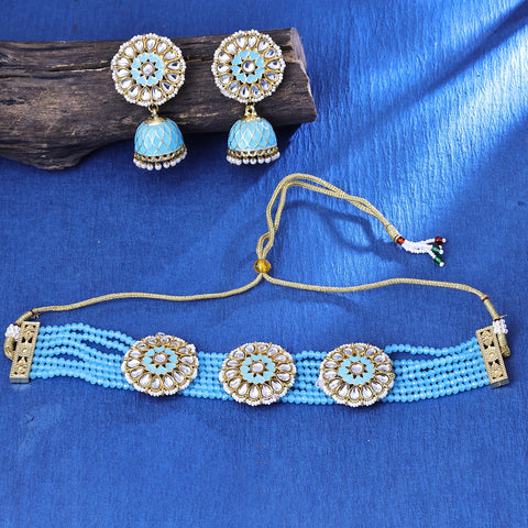 Lovesome Gold Plated Sky Blue Crystal Choker Necklace Set