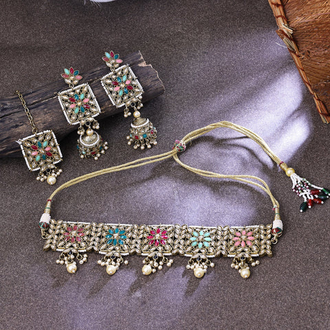 Mesmerising Gold Plated Multicolor LCT Stone & Pearl Choker Necklace Set With Maang Tikka