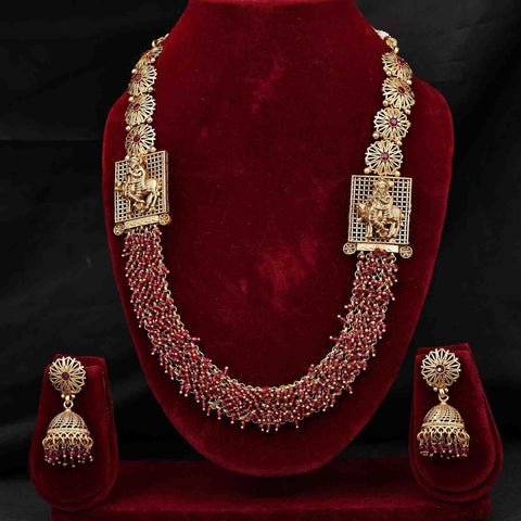 Pink Gold Plated Kundan & Pearl Long Temple Necklace Set