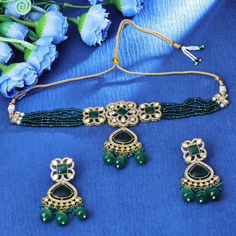 Pretty Gold Plated Green Crystal Choker Necklace Set