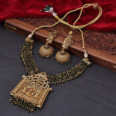 Sukkhi Green Gold Plated Kundan & Pearl Long Temple Necklace