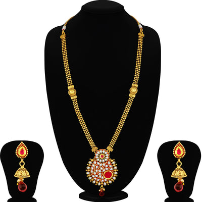 Sukkhi Stunning Gold Plated Red Mint Meena Collection Kundan Long Haram Necklace Set For Women