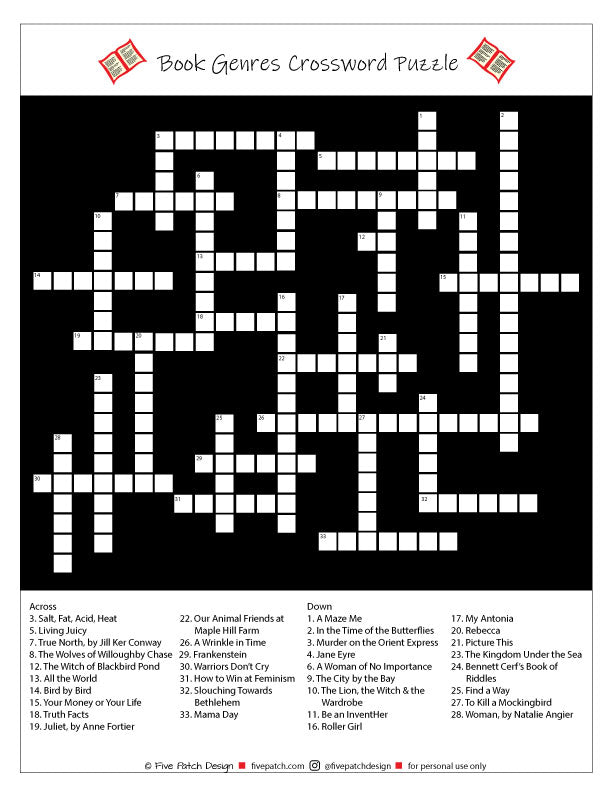 Five Patch Design Book Genres Crossword Puzzle
