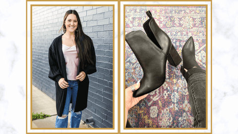 Oodles of Elegance Ellie Cardigan, Caitlin Top, Lydia Jeans, and Selia Booties