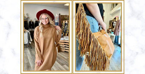 Perfect Blend of Chicness and Warmth: Loose Fit Sweater Dress, Vegas Boot, and Woodstock Crossbody Bag