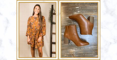 Romancing the Ruffles_ The Floral Ruffle Dress, Brown It’s Party Time Earrings, and Adelaide Booties