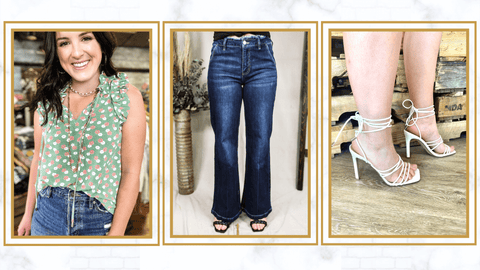 The Gretta Top, High Rise Holly Flares Jeans, and Natania Heels