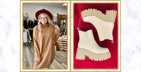 Turning Up the Heat_ Loose Fit Sweater Dress, Brown Lindsey Leopard Wool Hat, Tan Color Block Scarf, and Chelsea Bootie