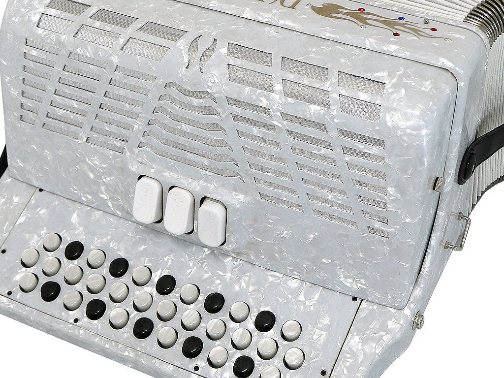 D'Luca Patron Button Accordion 3 Switches 34 Keys 12 Bass on GCF Key with Case and Straps, White