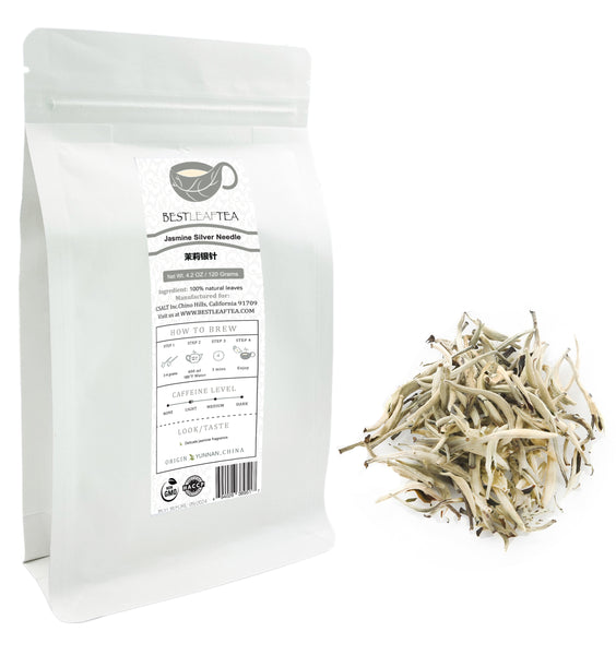 Bag of loose leaf Jasmine Silver Needle tea, a premium white tea with delicate floral notes and health benefits