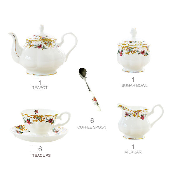 BestLeafTea English Afternoon Tea Set: White teapot, sugar bowl, milk jar, teacups, and spoons with gold outlines, adorned with red flowers and green leaves. Presented in a gift box