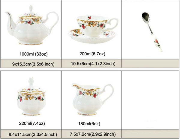 BestLeafTea English Afternoon Tea Set: White teapot, sugar bowl, milk jar, teacups, and spoons with gold outlines, adorned with red flowers and green leaves. Presented in a gift box