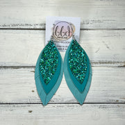 INDIA -  Leather Earrings  ||   <BR> JADE GLITTER (FAUX LEATHER), <BR> MATTE TEAL SMOOTH, <BR> AQUA RIVIERA