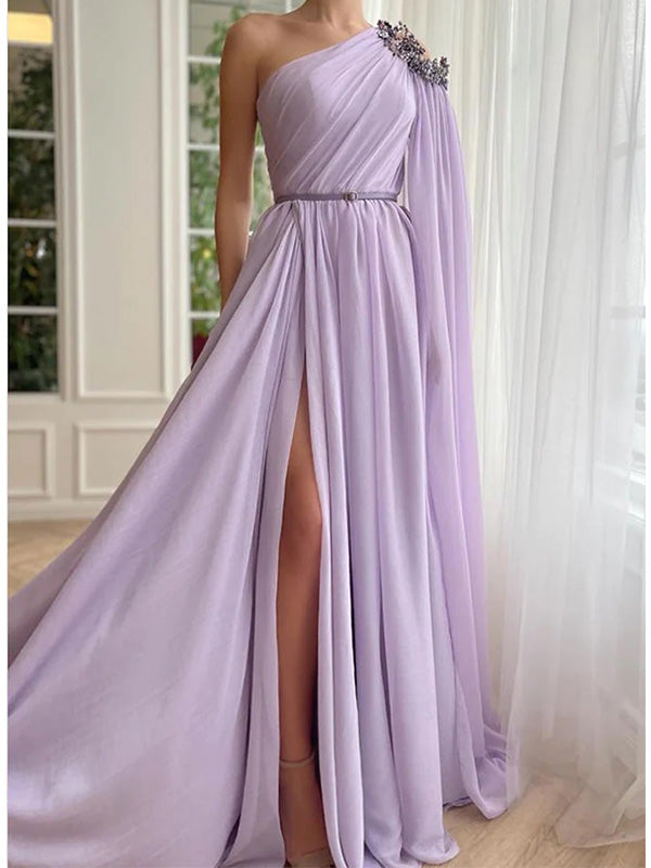Elegant Light Purple Chiffon One Shoulder A-line Long Prom Dress Eveni ...