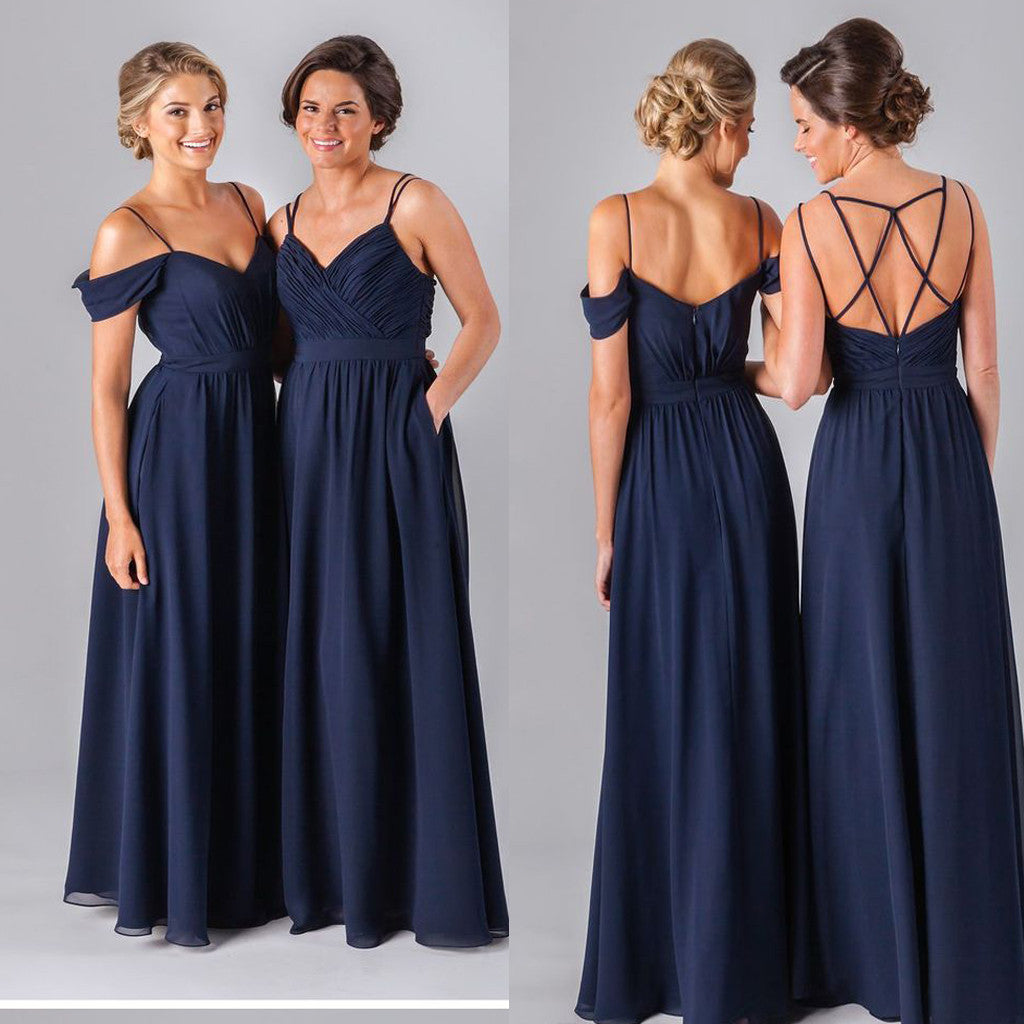 navy off the shoulder bridesmaid dress