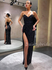 Dazzling Sexy Off-shoulder Slit Black Sequin Prom Dress - Lunss