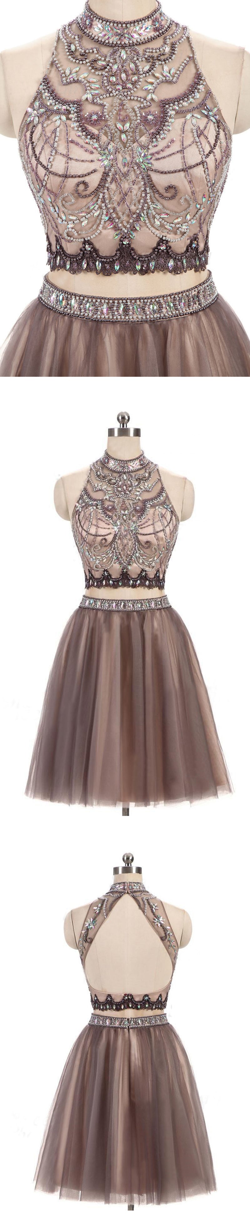 Two Pieces Gorgeous Beading High Neck Open Back Sleeveless Light Brown ...