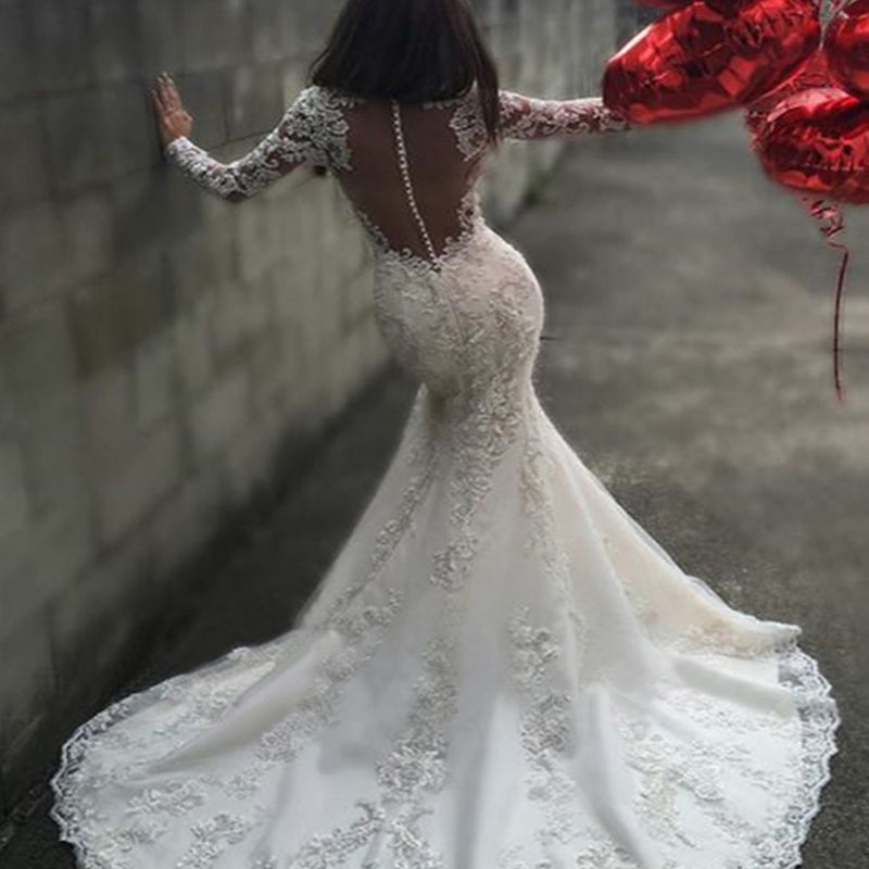 long sleeve lace back wedding dress