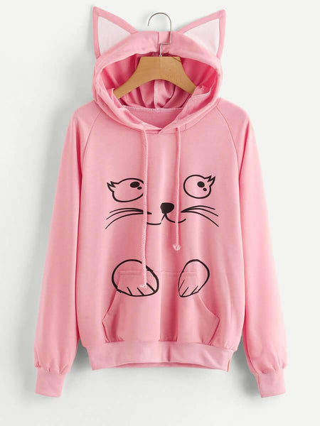 Cat Ear Cartoon Print Sweatshirt-Hoodie – Meowaish