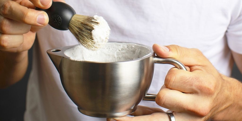 Man Creating Lather Using a Naked Armor Silver Fox Scuttle