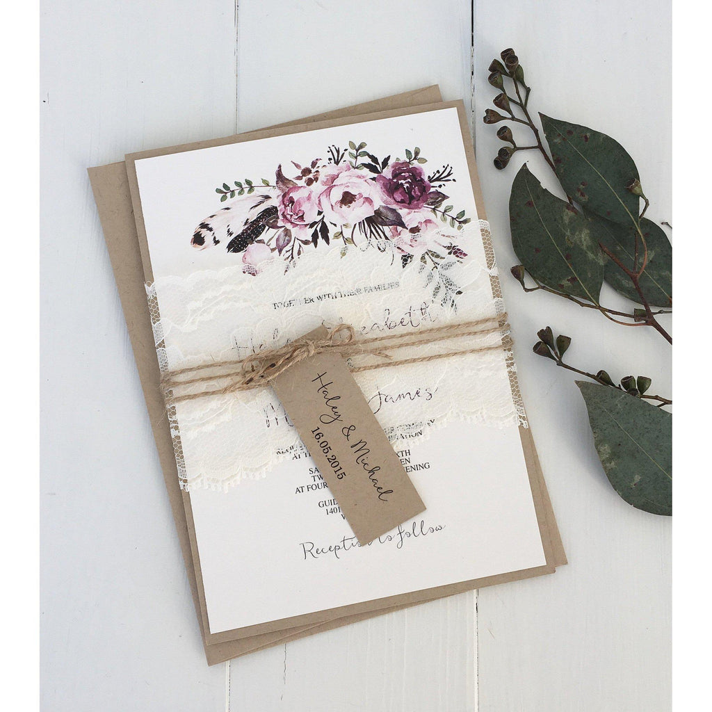Lace Wedding Invitation, Boho Chic, Pink Floral - Love of Creating Design Co.