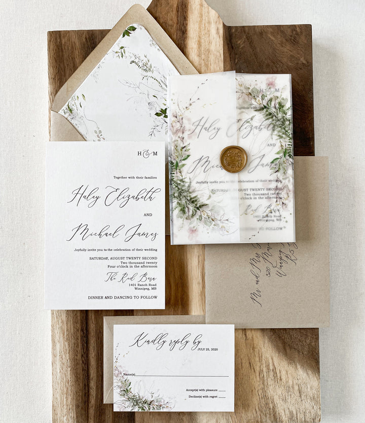 Rustic Greenery and Gold Wedding Invitation with Wax Seal and Vellum ...