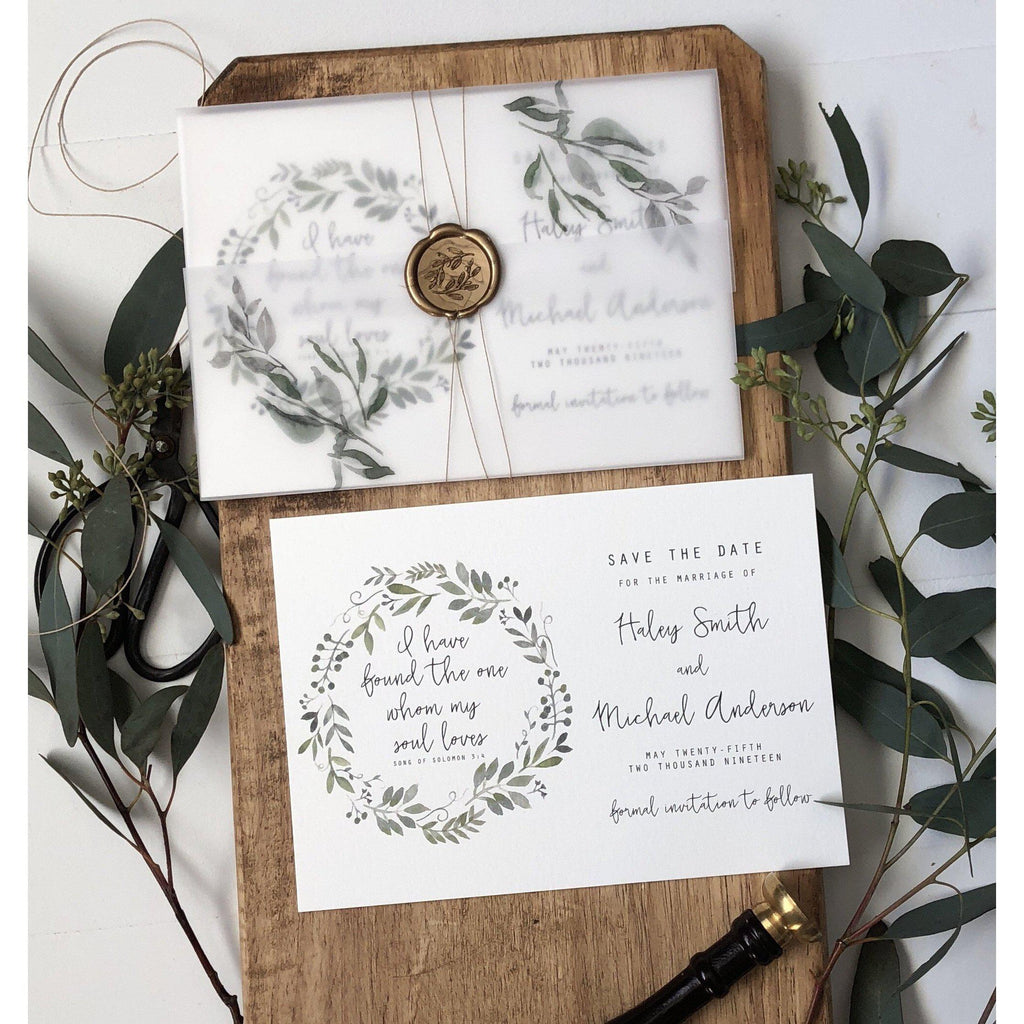 Rustic Greenery Save the Date Card, Vellum Wrap - Cotton Willow Design Co.