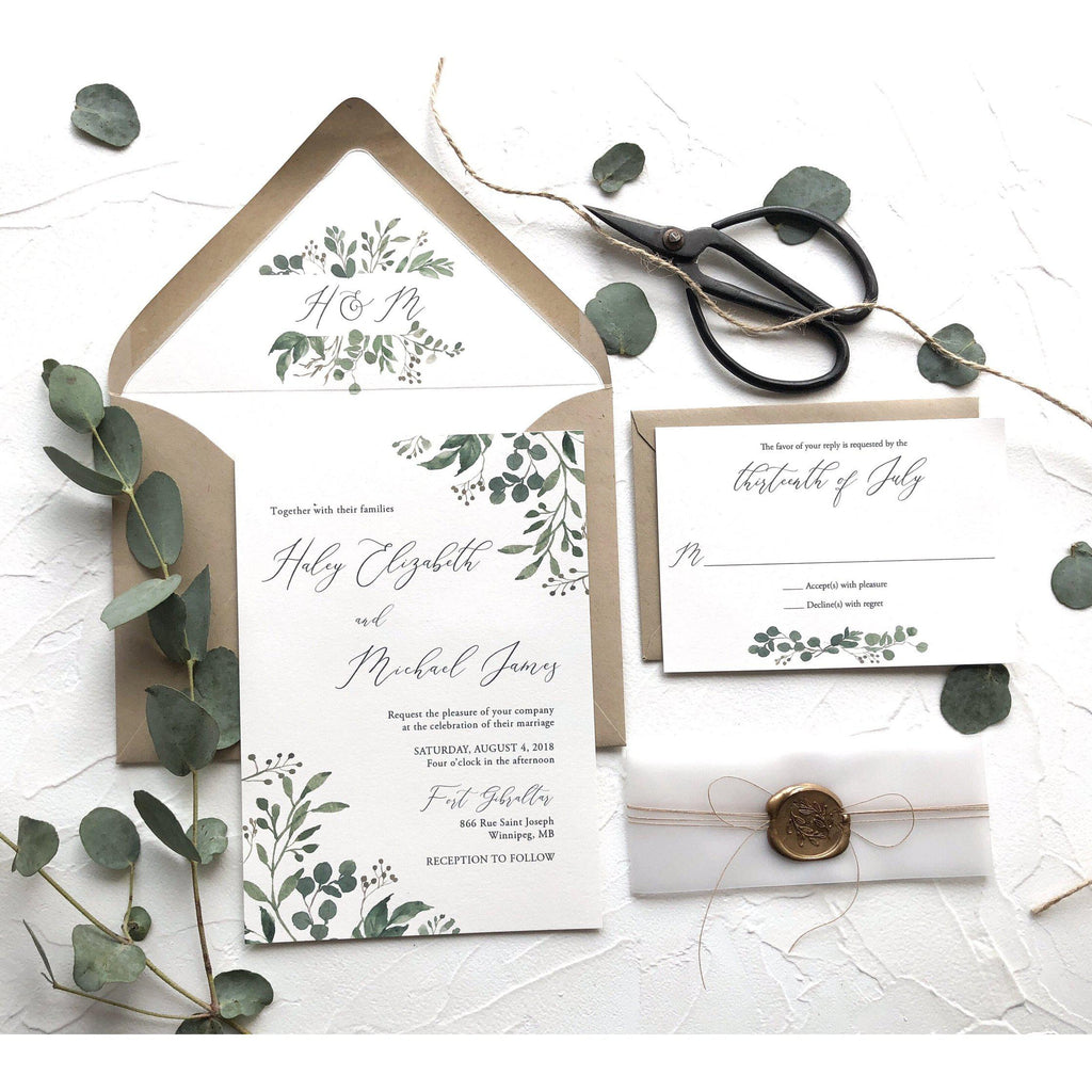Rustic Greenery Wedding Invitation, Wax Seal, Vellum Wrap