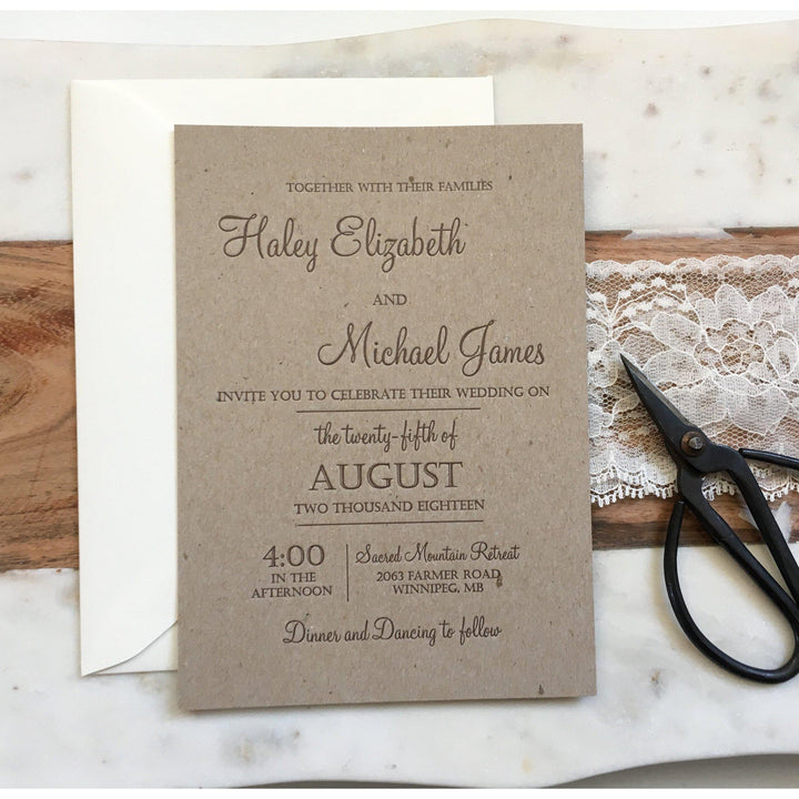 Rustic Kraft and Lace Wedding Invitation, Letterpress - Cotton Willow ...