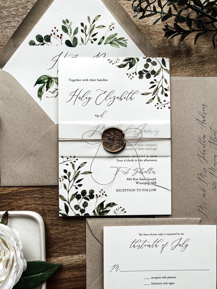 Rustic Greenery Wedding Invitation, Wax Seal, Vellum Wrap