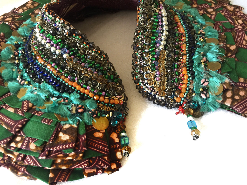 Tatum Bead-Embellished African Textile Print Ruffle Beaded Neckpiece ...