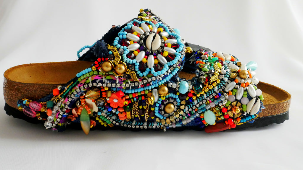 Custom Made Upcycled Embroidered Applique, Multi-Beaded Embellished Tassel  Birkenstock Sandals