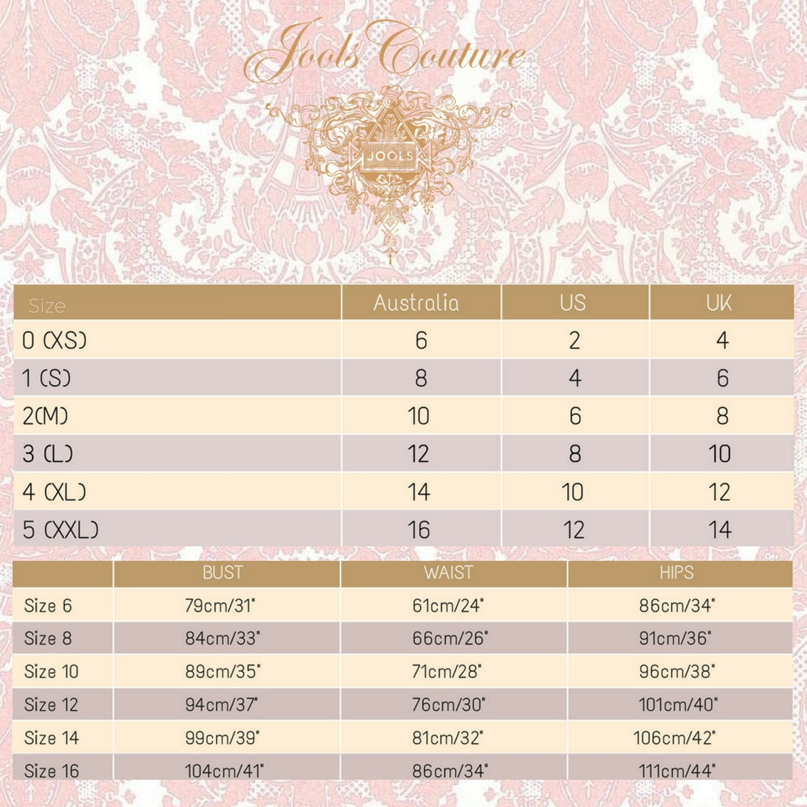 Couture Black Label Size Chart