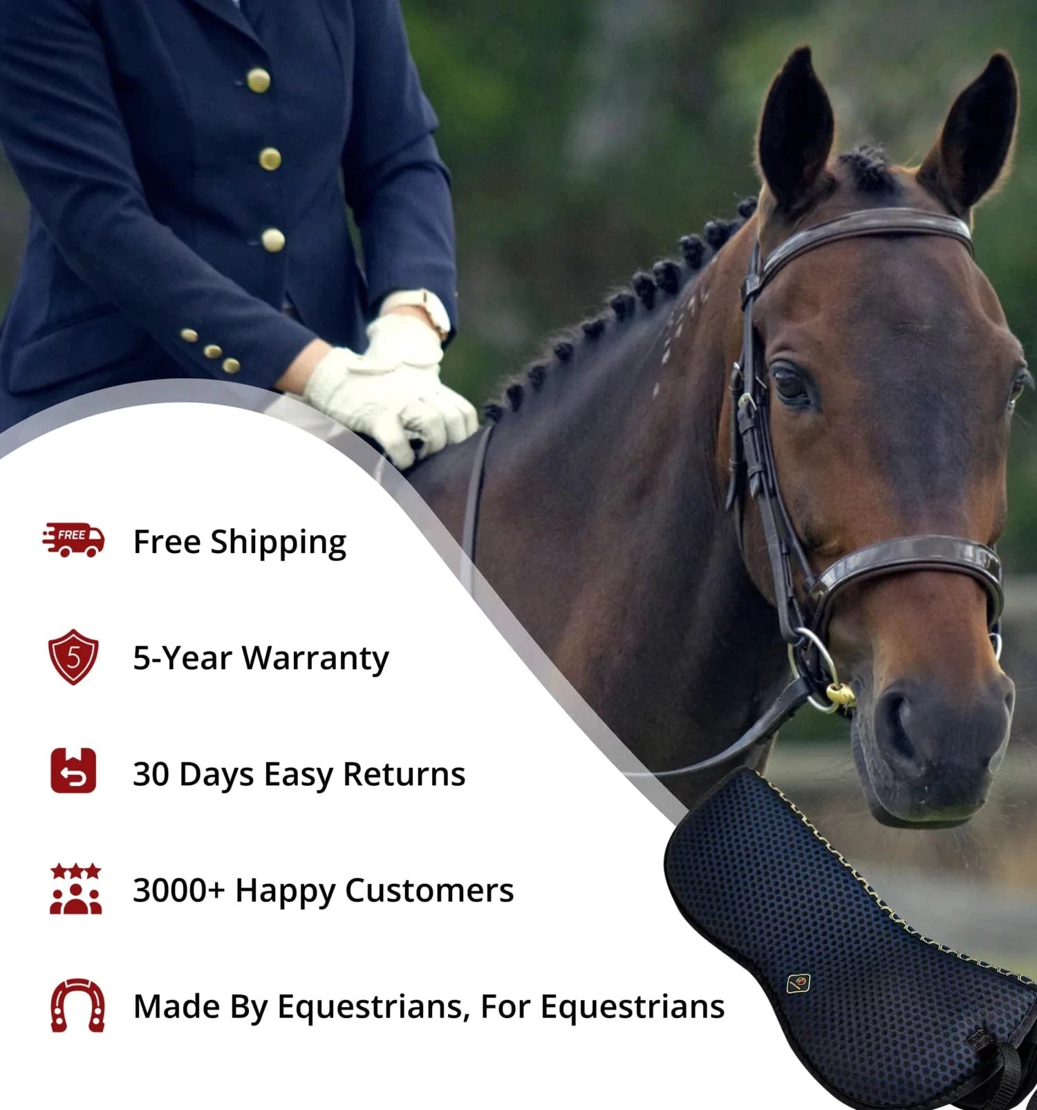 Equestrian with horse, showcasing product benefits: free shipping, 5-year warranty, 30 days returns, 3000+ happy customers.