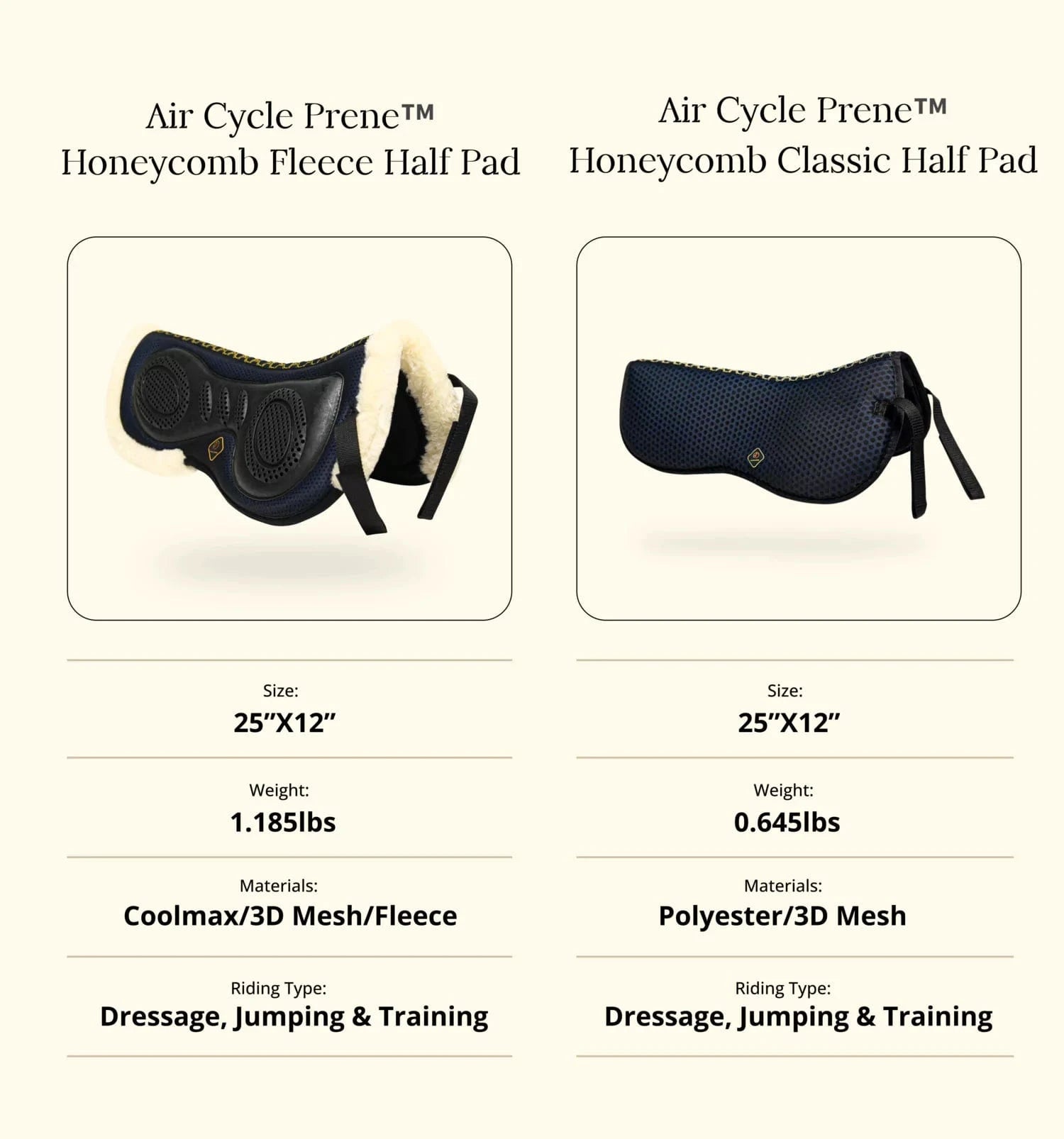 Comparison of two Air Cycle Prene™ half pads with details on size, weight, materials, and riding types.