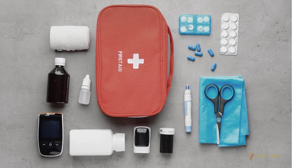 Everything you might need for first aid—bandages, pain relievers, medical-grade scissors, gloves, and wound disinfectants, and a towel.