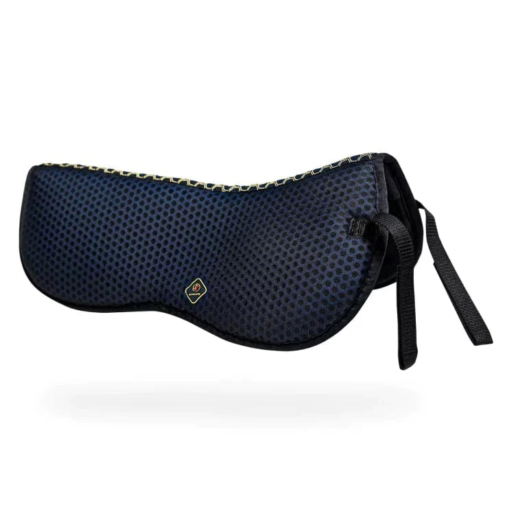 Black and blue polka dot sleep mask with adjustable straps.