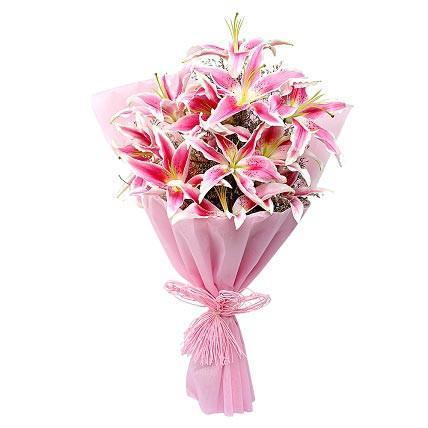 Jual 10 Pink Lilies In Bouquet Bunga Harga Rp 695 000 Outerbloom