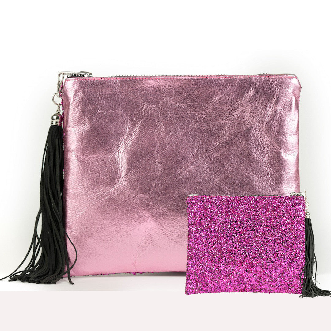 metallic pink clutch bag