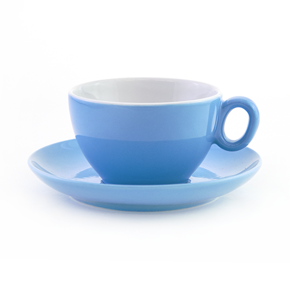 Blue latte cup 8.8 oz Inker with saucer in demitasse shape