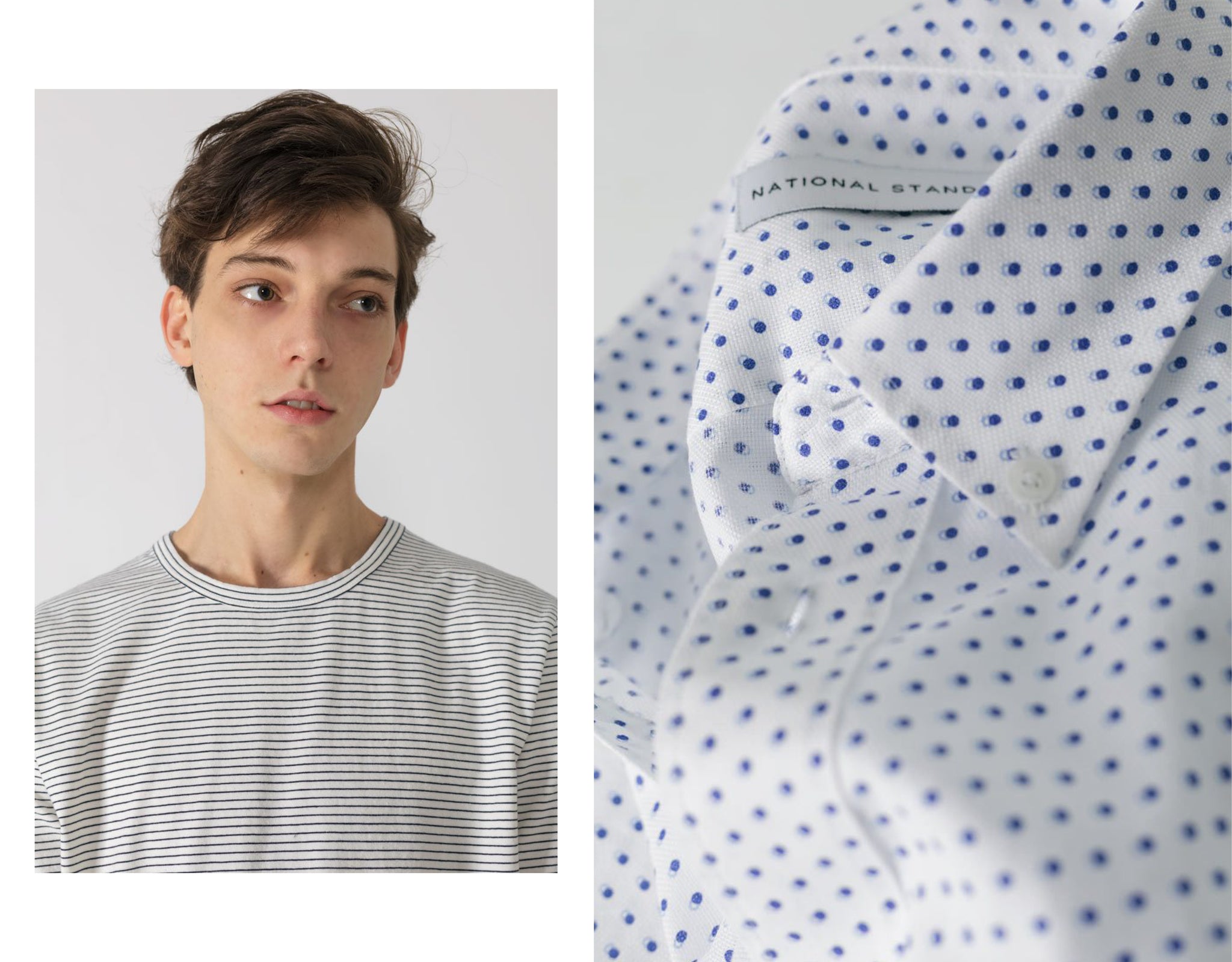 Closeup of thin white male, feat beside detail of National Standards shadow dot long sleeve shirt